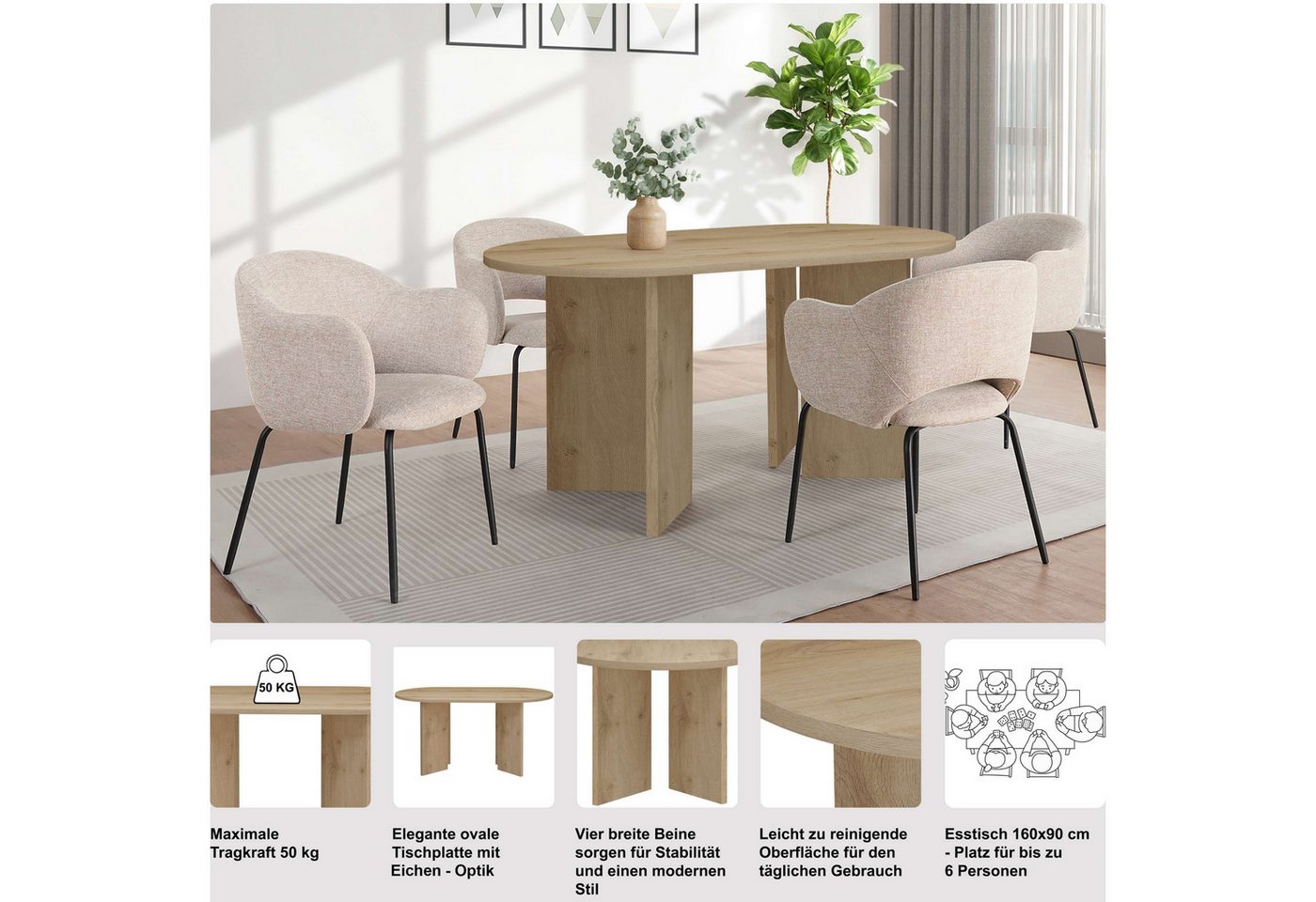 OTTO home Esstisch Callii, Oval, feste Tischplatte in edler Holzoptik, verschiedene Größen – Bild 3 von 5
