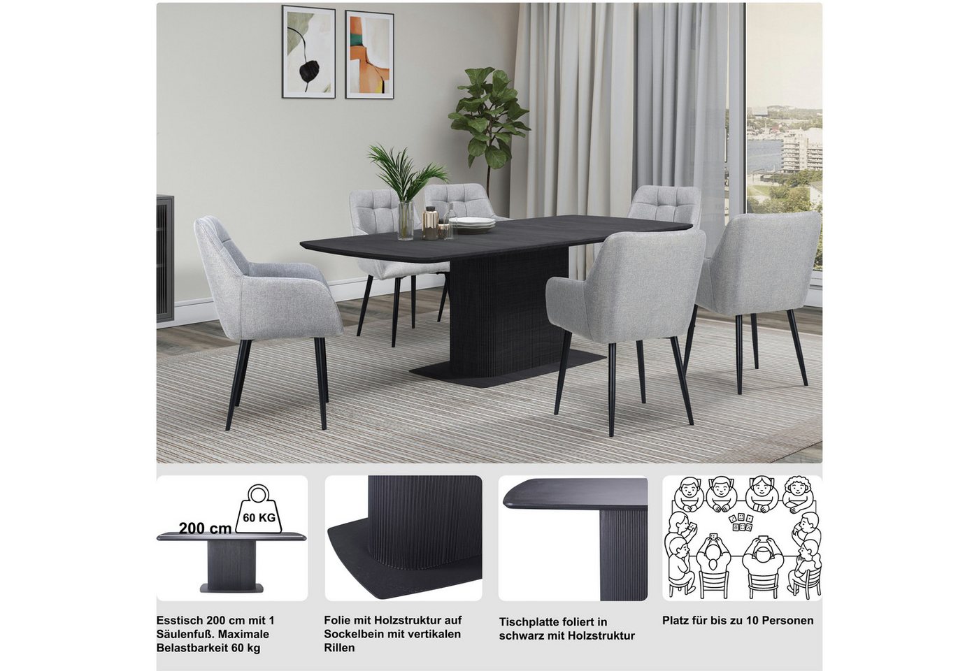 OTTO home Esstisch Daleton, Tischplatte und Standfuß mit Holzstruktur, pflegeleicht, Höhe 76 cm – Bild 3 von 5