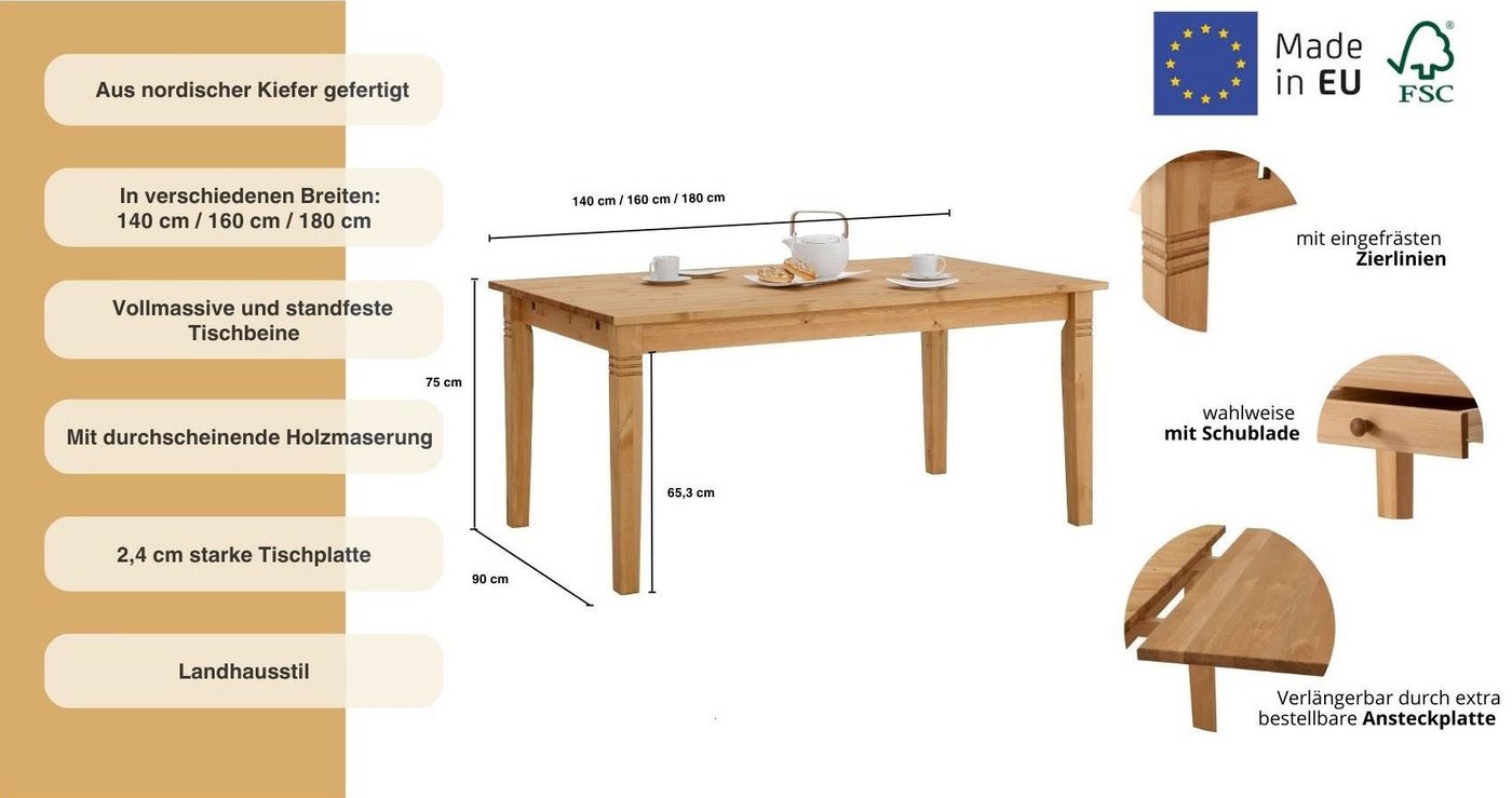 OTTO home Esstisch Danuta, Tisch, Speisetisch, wahlweise mit Schublade, aus massiver Kiefer, FSC®-zertifiziert – Bild 3 von 5