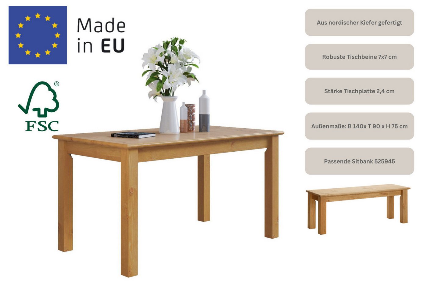 OTTO home Esstisch Konrad, Tisch, Speisetisch, Esszimmertisch, aus FSC®-zertifizierter Kiefer, in Breiten 120/140/160 cm – Bild 3 von 5