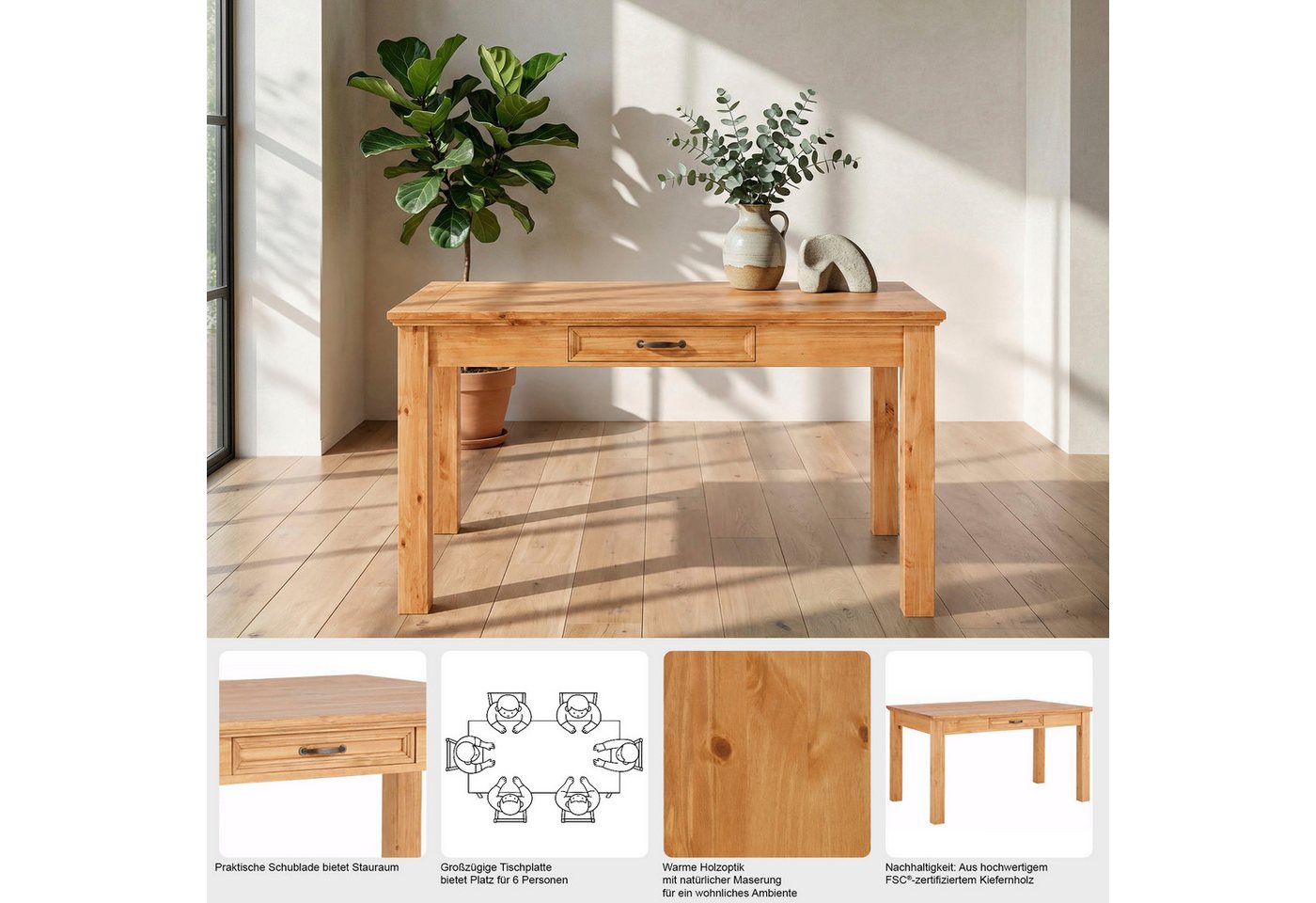 OTTO home Esstisch Selma, mit Schublade, aus massivem Kiefernholz, Breite 140 oder 180 cm – Bild 3 von 5