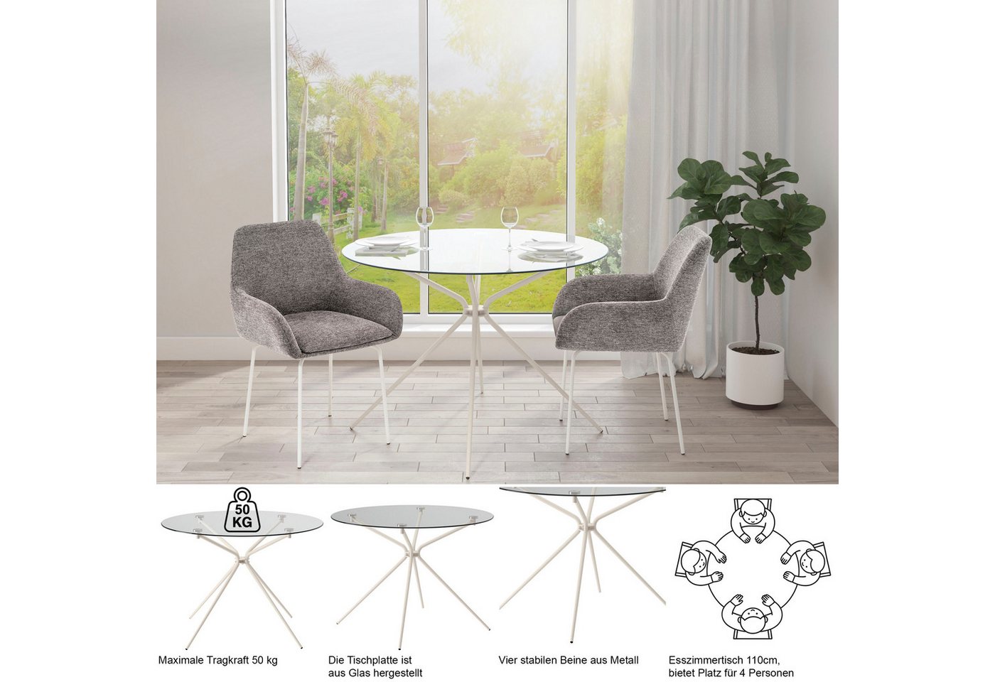 OTTO home Esstisch Silvi, TOPSELLER! (Esstisch, Glastisch, Küchentisch, OTTOs Choice), rund, Ø 110 cm, Metallgestell in messingfarben – Bild 3 von 5
