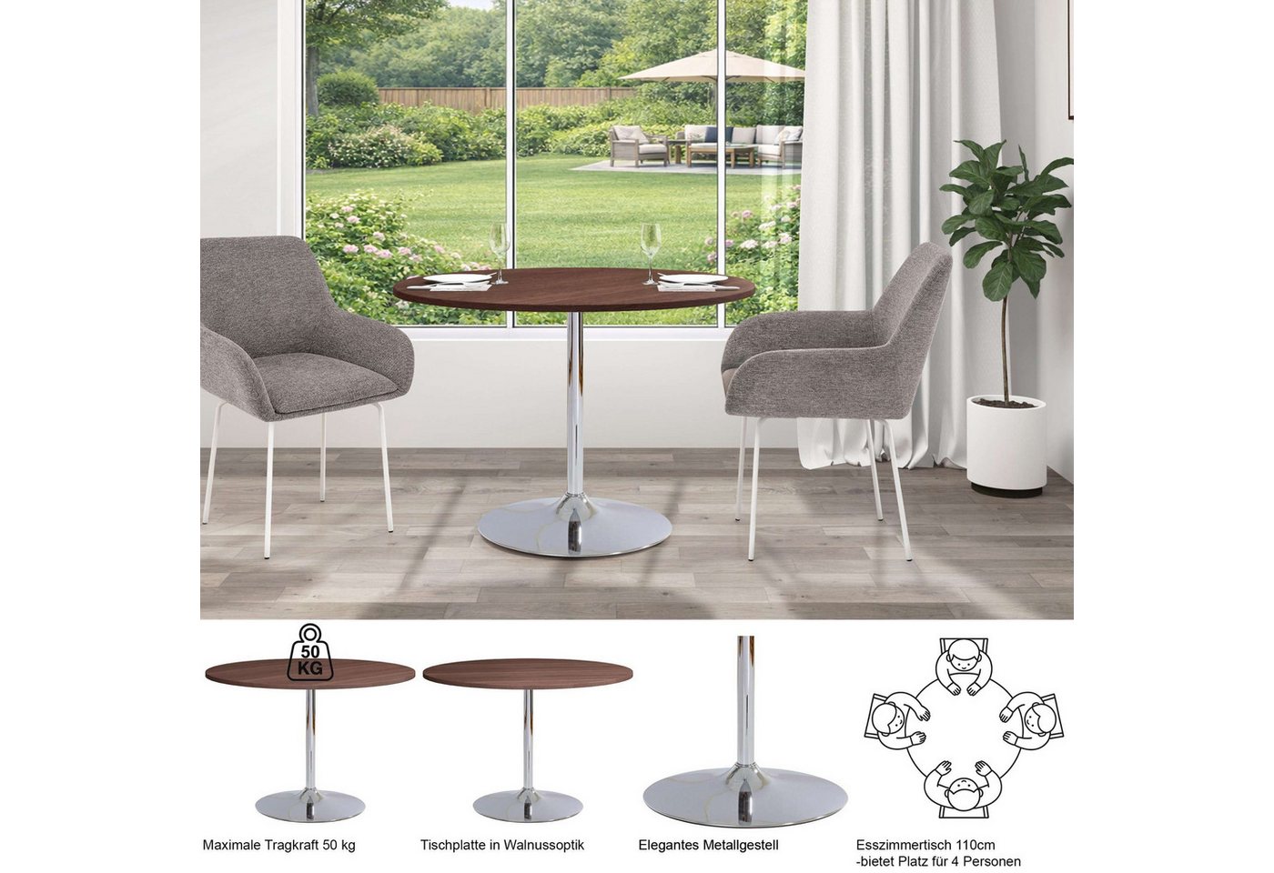 OTTO home Esstisch Trompet, rund, Ø110 cm, Tischplatte Hochglanz oder Holzoptik, Trompetenfuß – Bild 3 von 5