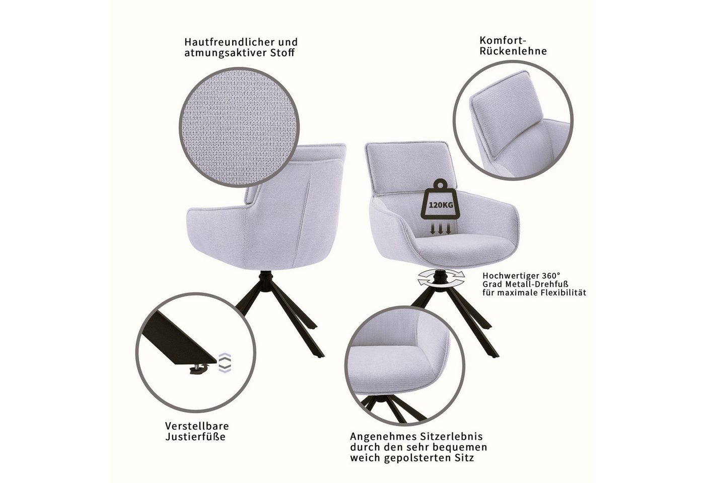 OTTO home Esszimmerstuhl Cusey, 360° drehbar, extra dicke Polsterung, 2er-Set (Set, 2 St), mit 360° Metallfuß, Komfort-Rückenlehne und hautfreundlichem Webstoff – Bild 3 von 5