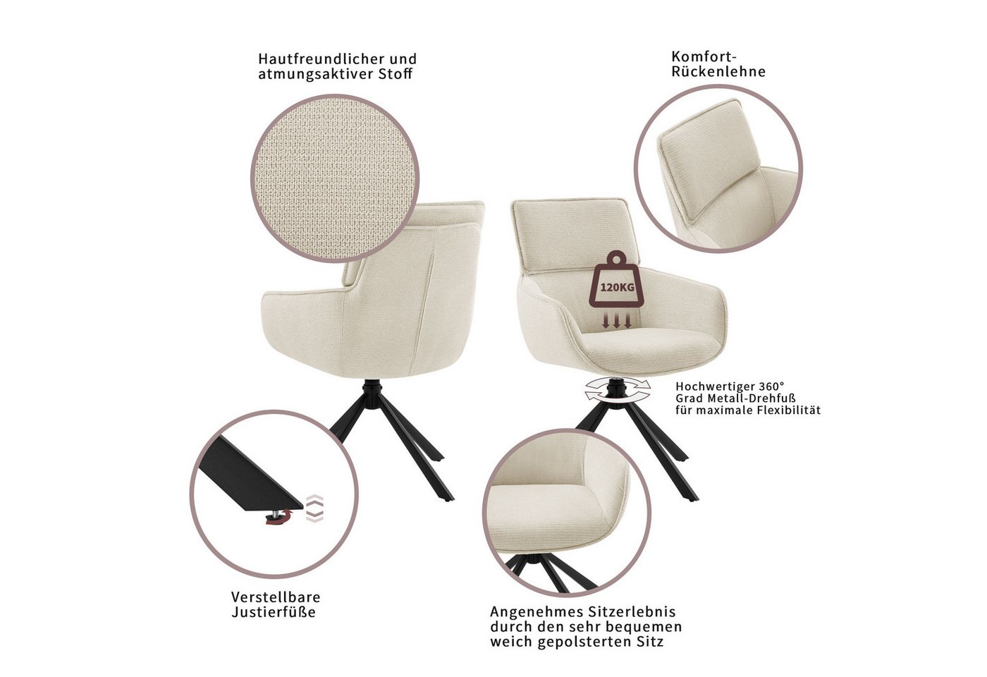 OTTO home Esszimmerstuhl Cusey, 360° drehbar, extra dicke Polsterung, 2er-Set (Set, 2 St), mit 360° Metallfuß, Komfort-Rückenlehne und hautfreundlichem Webstoff – Bild 3 von 5