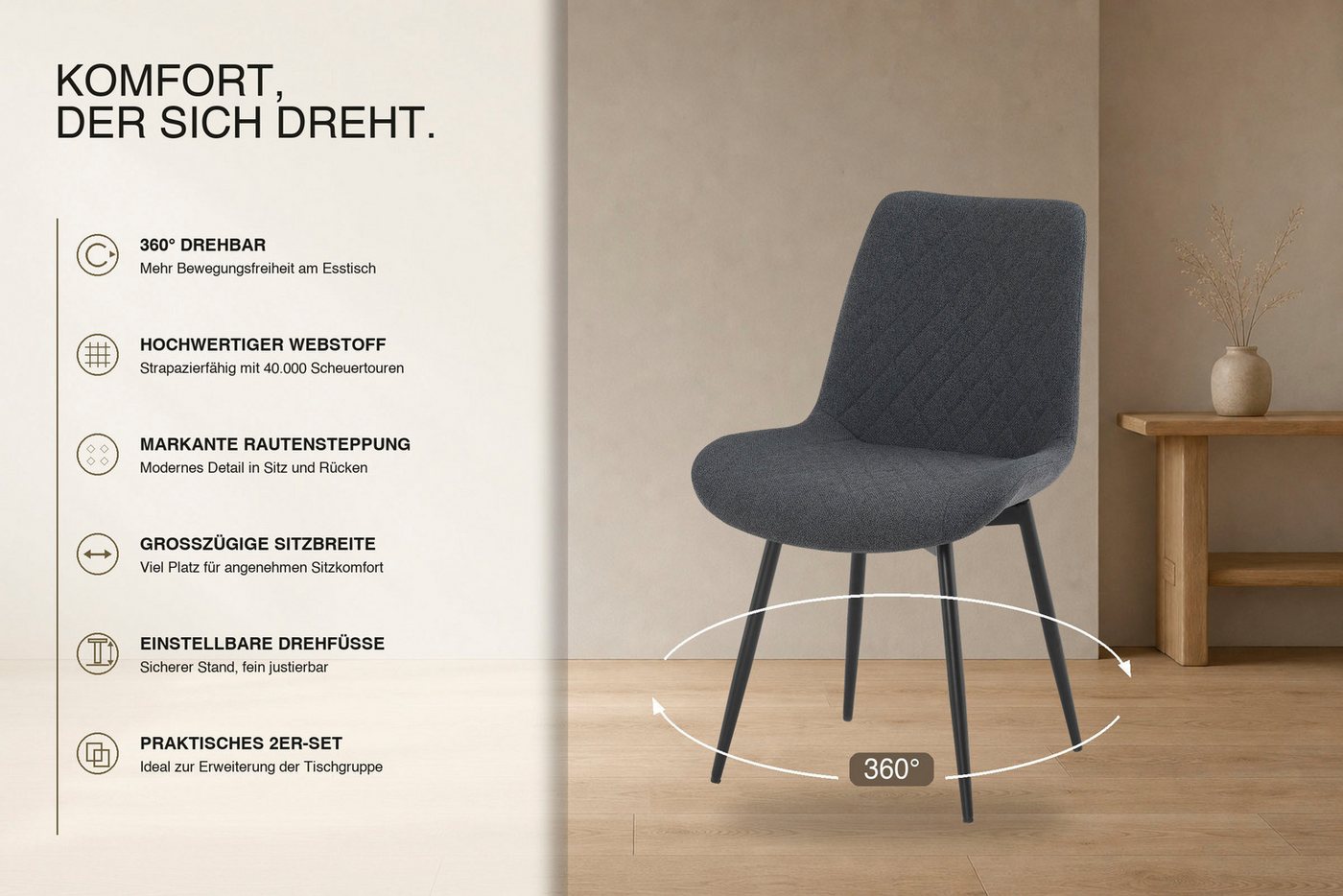 OTTO home Esszimmerstuhl Juniper, 2er-Set (Set, 2 St), Stuhl aus Webstoff mit moderner Rautensteppung und 360° Drehfunktion – Bild 3 von 5