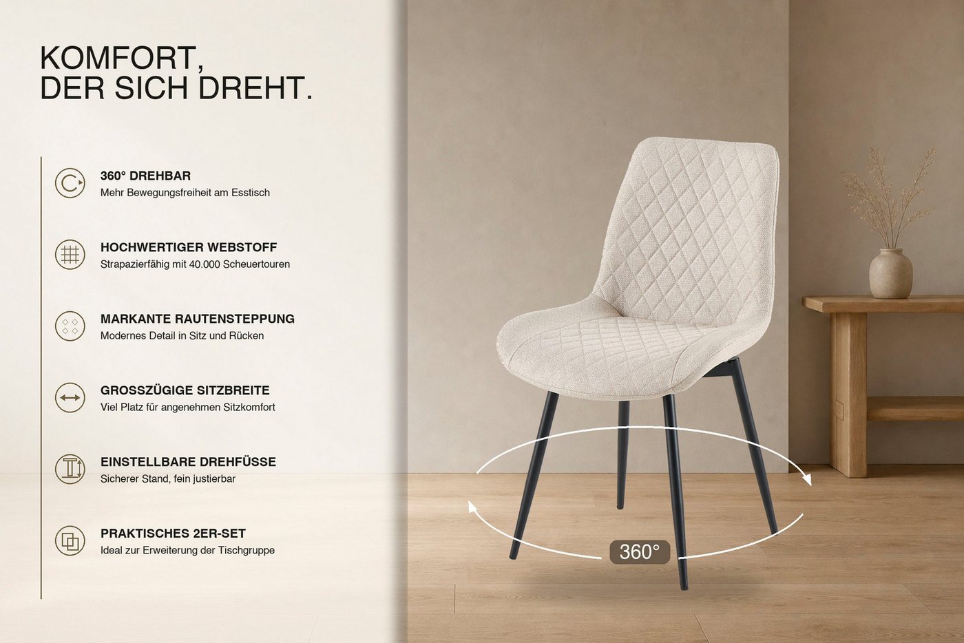 OTTO home Esszimmerstuhl Juniper, 2er-Set (2 St), Stuhl aus Webstoff mit moderner Rautensteppung und 360° Drehfunktion – Bild 3 von 5