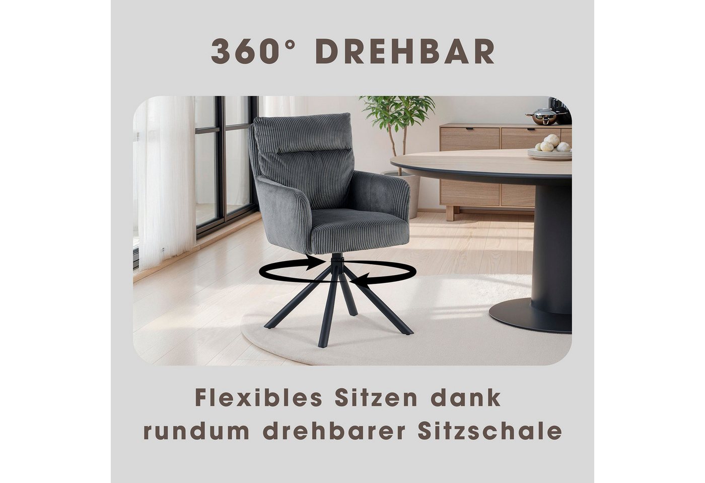 OTTO home Esszimmerstuhl Justin (2er-Set) (Set, 2 St), gemütlicher Sessel mit Taschenfederkern, 360 Grad drehbar, Grob - Cord – Bild 3 von 5