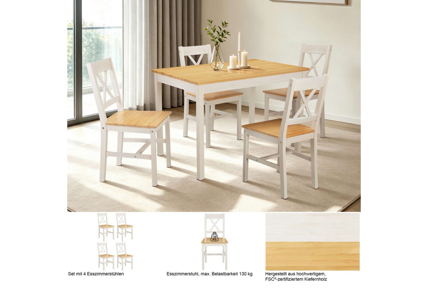 OTTO home Esszimmerstuhl Willow (Set, 4 St), aus massivem Kiefernholz, lackiert, pflegeleicht, bis 130 kg belastbar – Bild 3 von 5