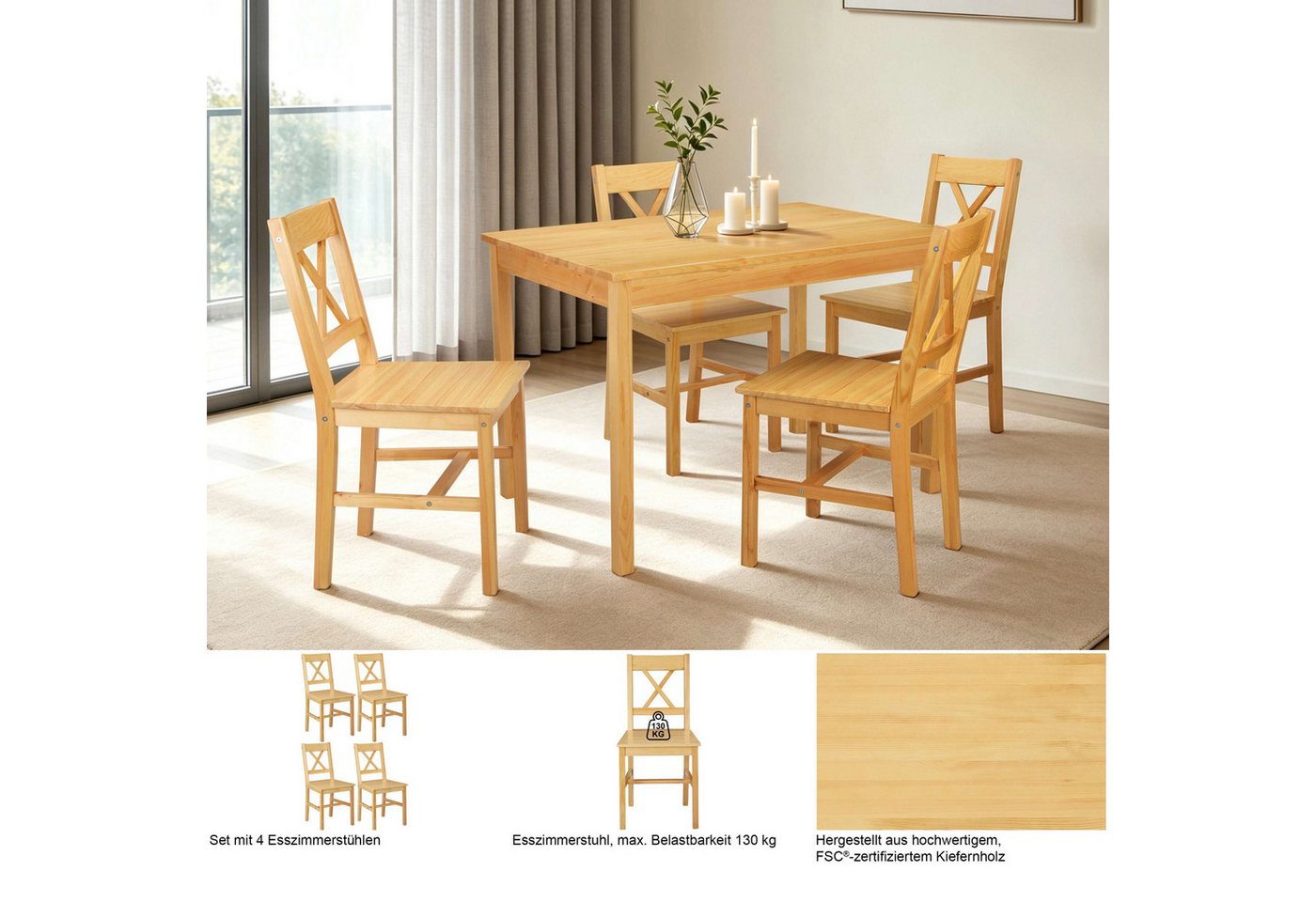 OTTO home Esszimmerstuhl Willow (Set, 4 St), aus massivem Kiefernholz, lackiert, pflegeleicht, bis 130 kg belastbar – Bild 3 von 5