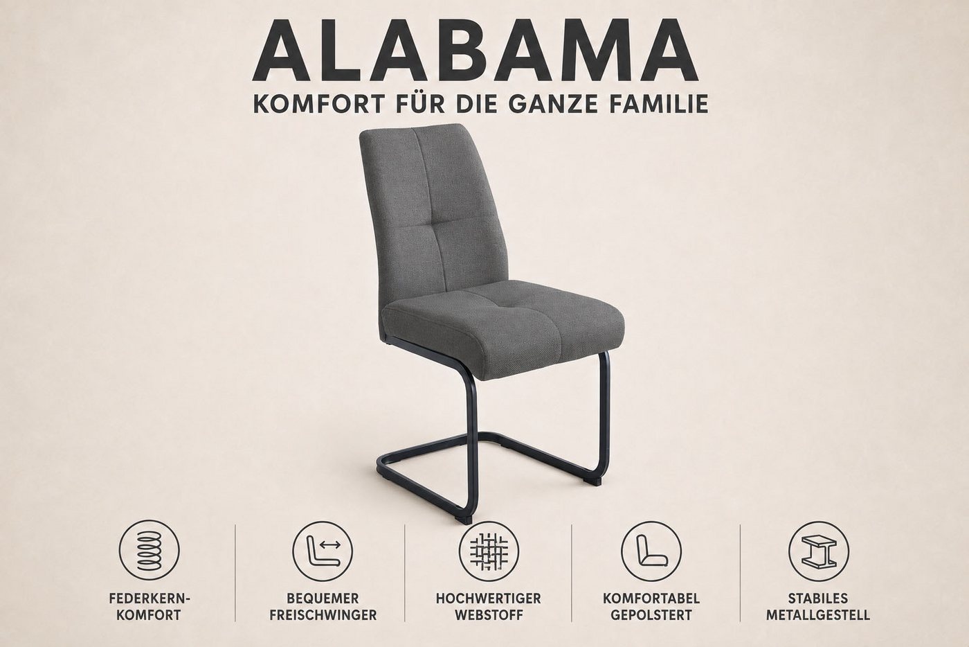 OTTO home Freischwinger Alabama (Set, 2 St), gemütlicher Esszimmerstuhl mit Federkern und robustem Webstoff – Bild 3 von 5
