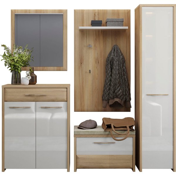 OTTO home Garderoben-Set Gala, (Set, 5-St., Garderobenschrank,Schuhschrank,Schuhbank,Garderobenpaneel,Wandspiegel), Soft-Close Funktion, Hochglanz UV lackiert