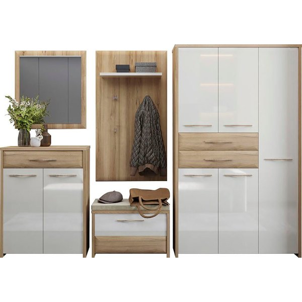 OTTO home Garderoben-Set Gala, (Set, 5-St., Garderobenschrank,Schuhschrank,Schuhbank,Garderobenpaneel,Wandspiegel), Soft-Close Funktion, Hochglanz UV lackiert