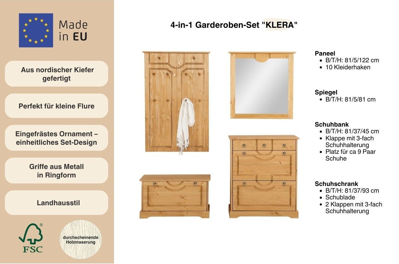OTTO home Garderoben-Set Klera, (Set, 4-St), 4-teilig, aus massiver Kiefer, FSC®-zertifiziert – Bild 3 von 5