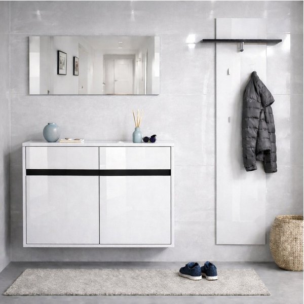 OTTO home Garderoben-Set Locco Flurmöbel, Dielenmöbel, Flurschrank, Flurgarderobe B: ca 150 cm, (3-St), UV-lackiert, Weiß Hochglanz, platz für ca. 12 Paar Schuh