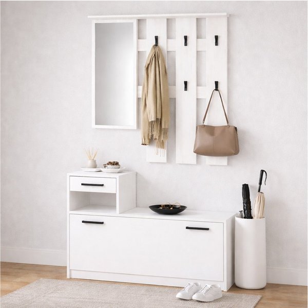 OTTO home Garderoben-Set Luna Kommode mit 1 Klappe + 1 Schubkasten, Paneel mit Spiegel 6 Haken, (2-St), Kompaktes Garderoben-Set für ein stilvolles und ordentli