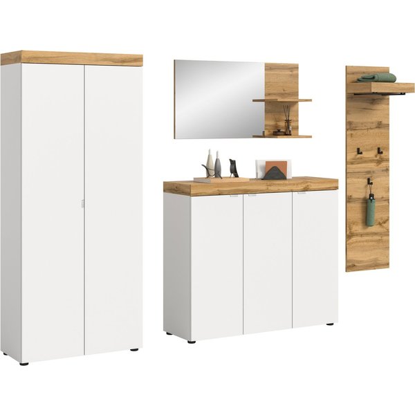 OTTO home Garderoben-Set MAMBO II, 4-teilig, TOPSELLER!, hängend oder stehend montierbar, (4-St., bestehend aus: Schuhschrank, Schuhkommode, Spiegel & Paneel), 