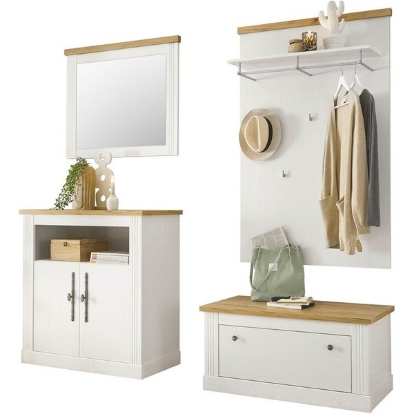 OTTO home Garderoben-Set Westminster, Garderobe im Landhausstil, Komplettset mit viel Stauraum, (4-St), enthält Schuhbank, Spiegel, Kommode und Paneel, 204 cm b