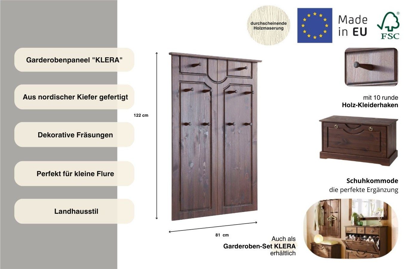 OTTO home Garderobenpaneel Klera, mit dekorativen Fräsungen, Kiefer, Landhausstil (Made in Europe), Mit 10 Kleiderhaken, aus massiver Kiefer – Bild 3 von 5