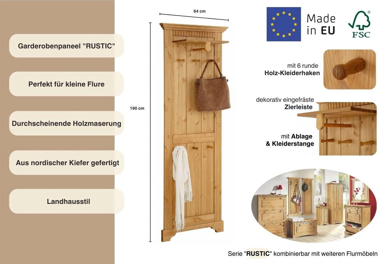 OTTO home Garderobenpaneel Rustic, aus massiver Kiefer, Höhe 190 cm, mit Ablage, Holzhaken – Bild 3 von 5