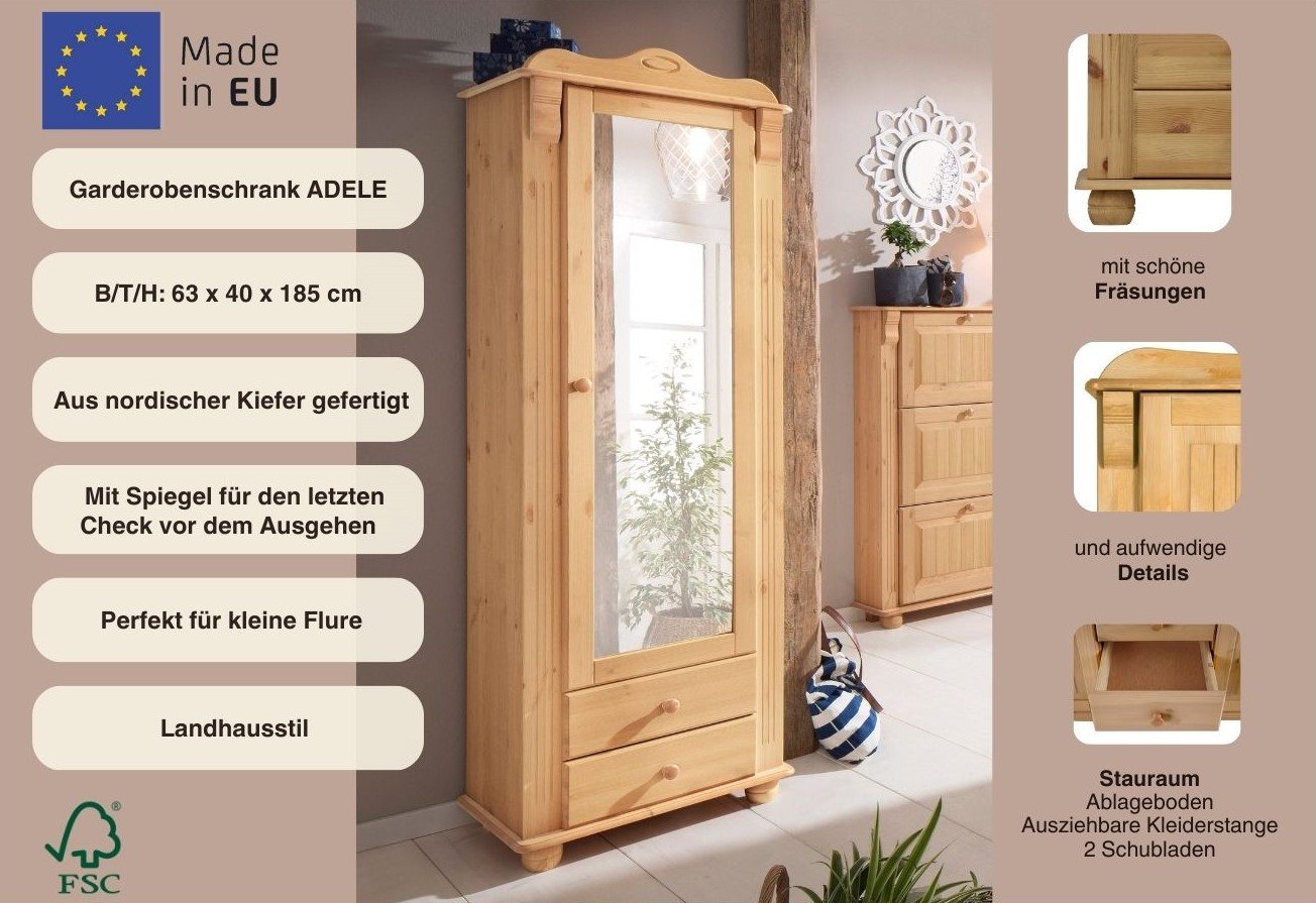 OTTO home Garderobenschrank Adele mit Spiegel, Breite 63 cm, mit 2 Schubladen, aus massiver Kiefer, FSC® – Bild 3 von 5