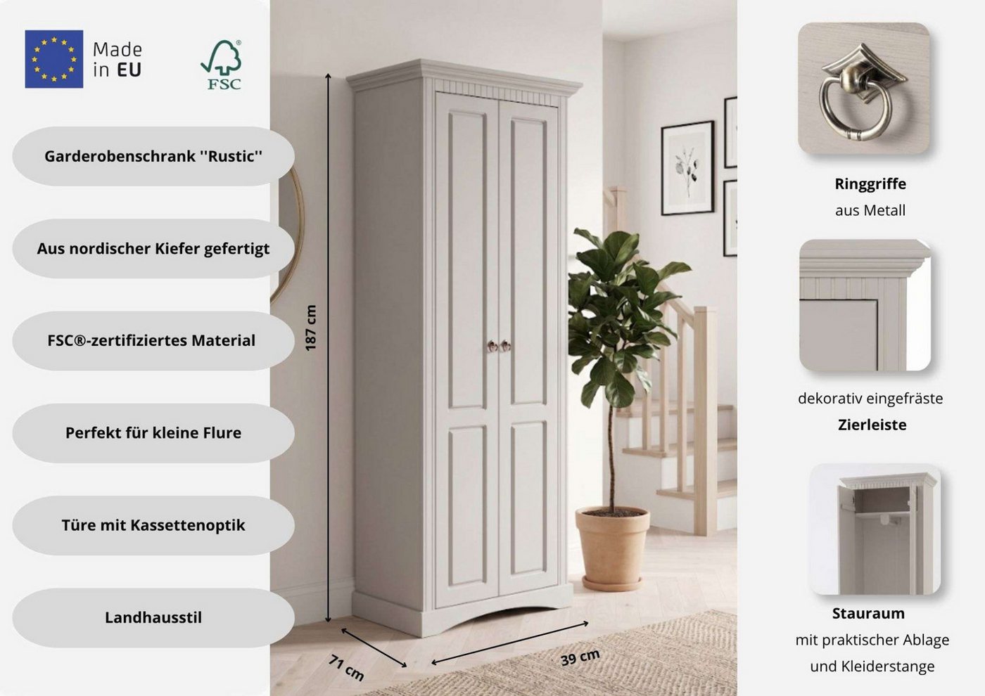 OTTO home Garderobenschrank Rustic, Dielenschrank, Dielenmöbel, Landhausstil (Made in Europe) aus massiver Kiefer, Breite 71 cm, mit Kassetenoptik – Bild 3 von 5
