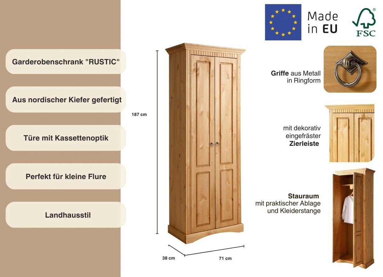 OTTO home Garderobenschrank Rustic, Dielenschrank, Dielenmöbel, Landhausstil (Made in Europe) aus massiver Kiefer, Breite 71 cm, Kassettenoptik – Bild 3 von 5