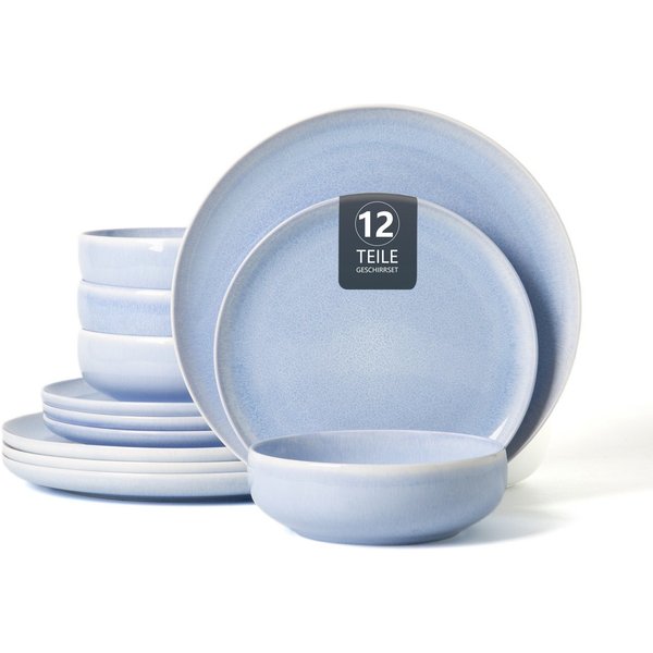 OTTO home Geschirr-Set Flett, mit Reaktivglasur (12-tlg), 4 Personen, Porzellan, Teller Set, spülmaschinenfest und mikrowellengeeignet