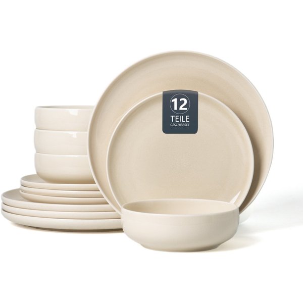 OTTO home Geschirr-Set Flett, mit Reaktivglasur (12-tlg), 4 Personen, Porzellan, Teller Set, spülmaschinenfest und mikrowellengeeignet