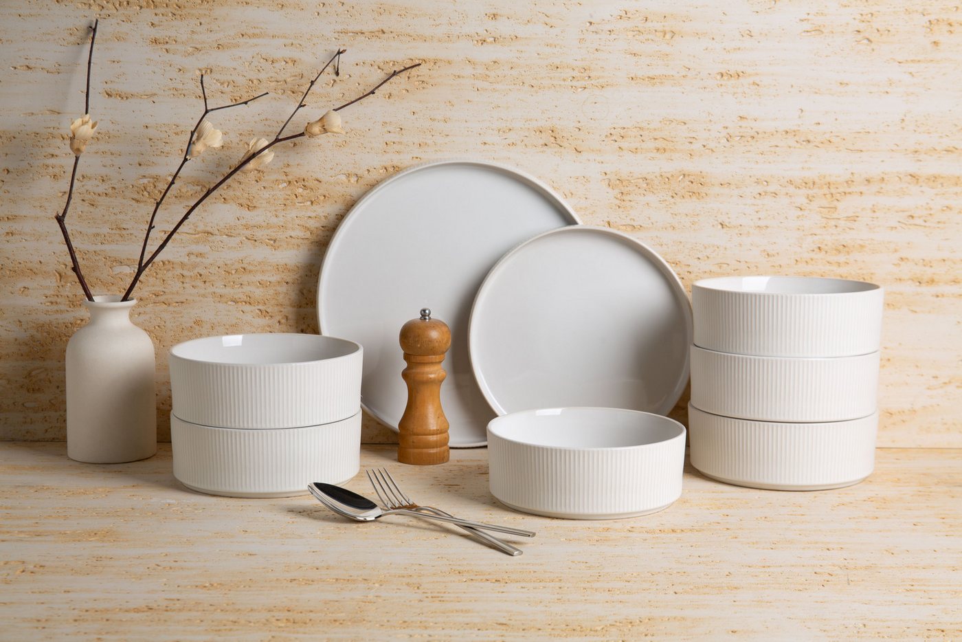 OTTO home Geschirr-Set YLVII,außen matt,innen reaktiv glasiert, Steinzeug, 18-tlg.für 6 Pers. (18-tlg), 6 Personen, Steinzeug, Riffeloptik, spülmaschinenfest un – Bild 2 von 5