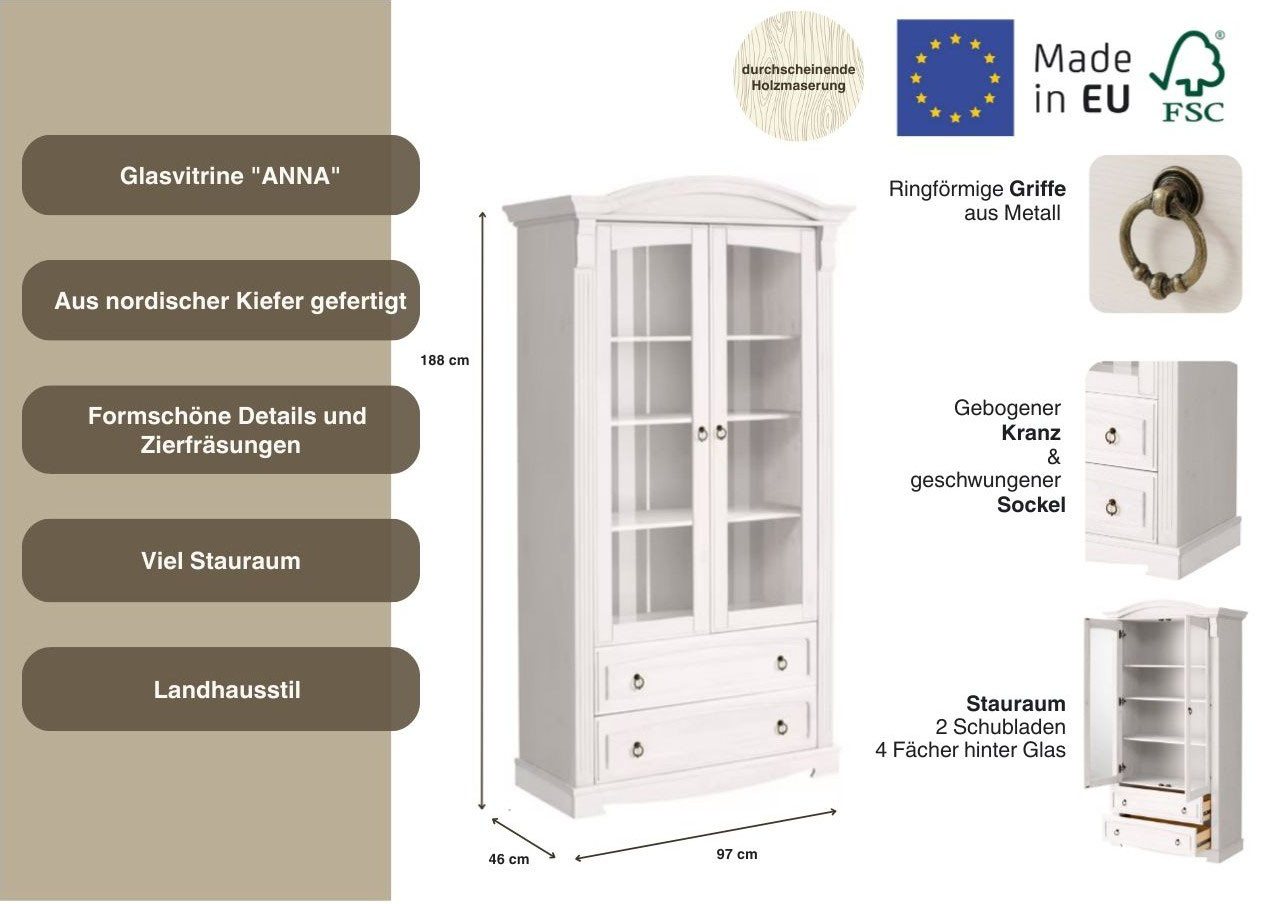 OTTO home Glasvitrine Anna, Standvitrine, Vitrinenschrank, Vitrine (Gesamtmaße (B/T/H): ca. 97/46/188 cm) mit Glastüren, 2 Schubladen, Höhe 188 cm, aus massiver – Bild 3 von 5