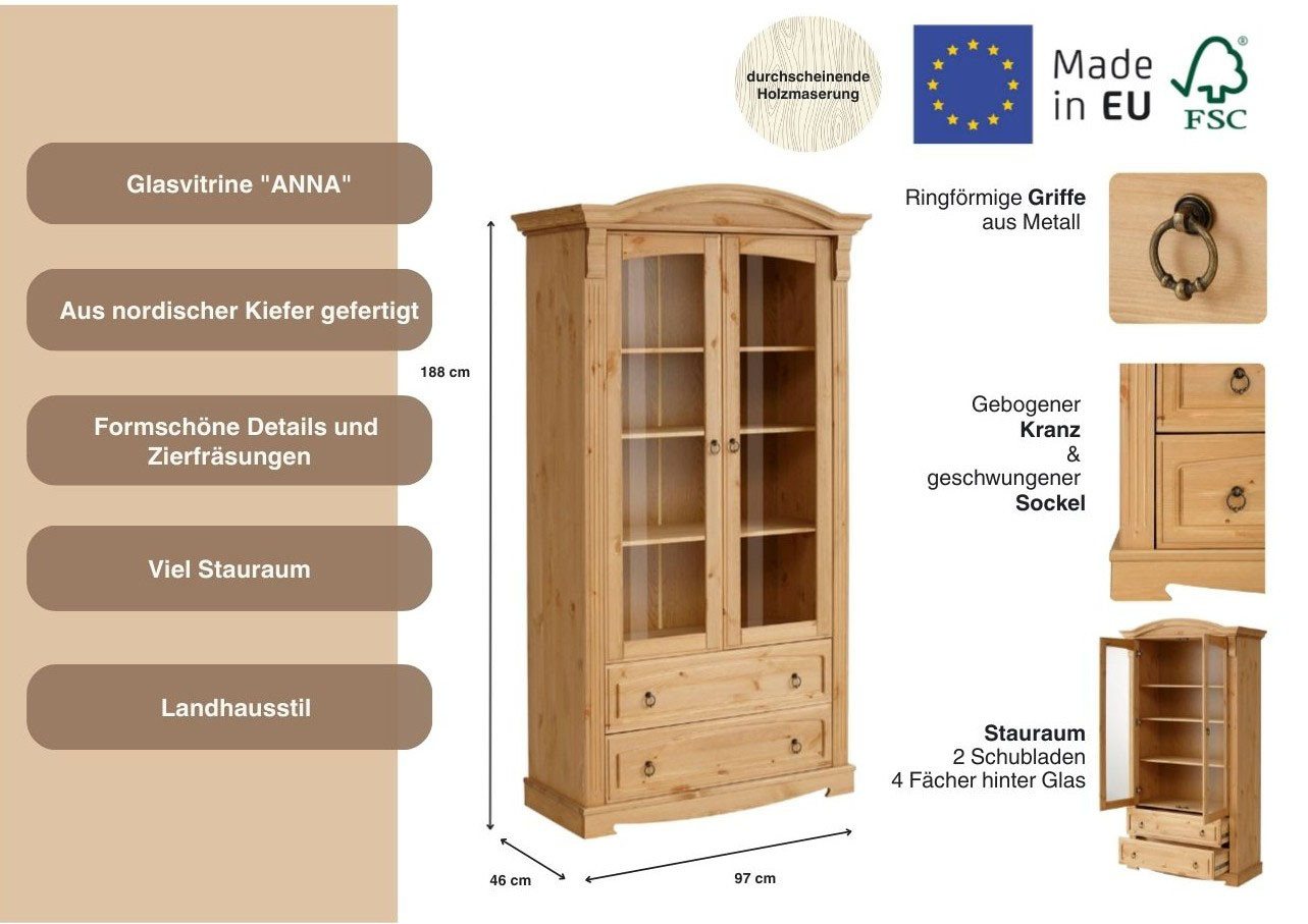 OTTO home Glasvitrine Anna, Standvitrine, Vitrinenschrank, Vitrine (Gesamtmaße (B/T/H): ca. 97/46/188 cm) mit Glastüren, 2 Schubladen, Höhe 188 cm, aus massiver – Bild 3 von 5