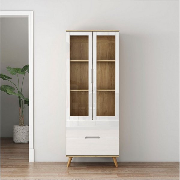 OTTO home Highboard, mit glänzenden Fronten, Glastüren, helles Holzdekor, Breite 70 cm