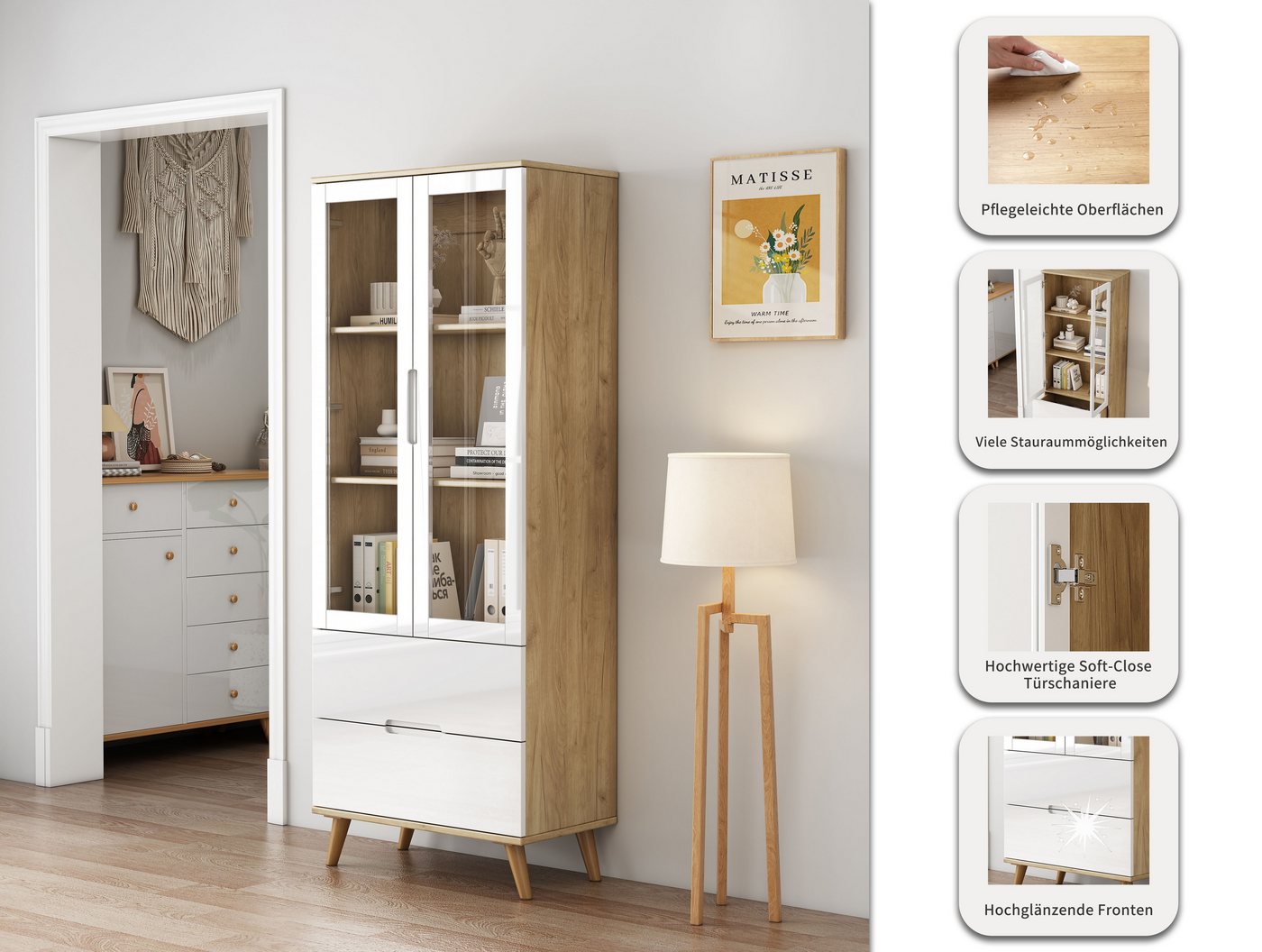 OTTO home Highboard, mit glänzenden Fronten, Glastüren, helles Holzdekor, Breite 70 cm – Bild 3 von 5