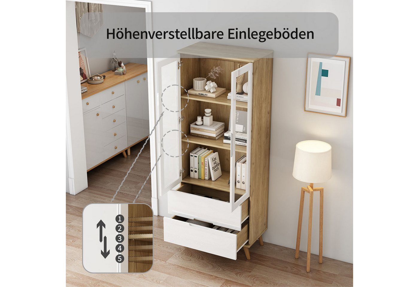 OTTO home Highboard, mit glänzenden Fronten, Glastüren, helles Holzdekor, Breite 70 cm – Bild 4 von 5