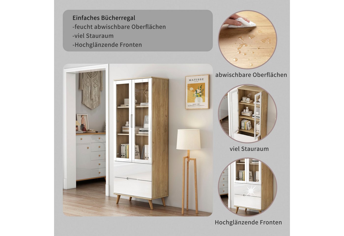 OTTO home Highboard, mit glänzenden Fronten, Glastüren, helles Holzdekor, Breite 70 cm – Bild 5 von 5