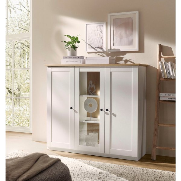 OTTO home Highboard Brest, Schrank im Landhausstil, Sideboard, zeitloses Stauraumelement, schwarze Metallgriffe, ausreichend Stauraum, Glastür, 139 cm breit