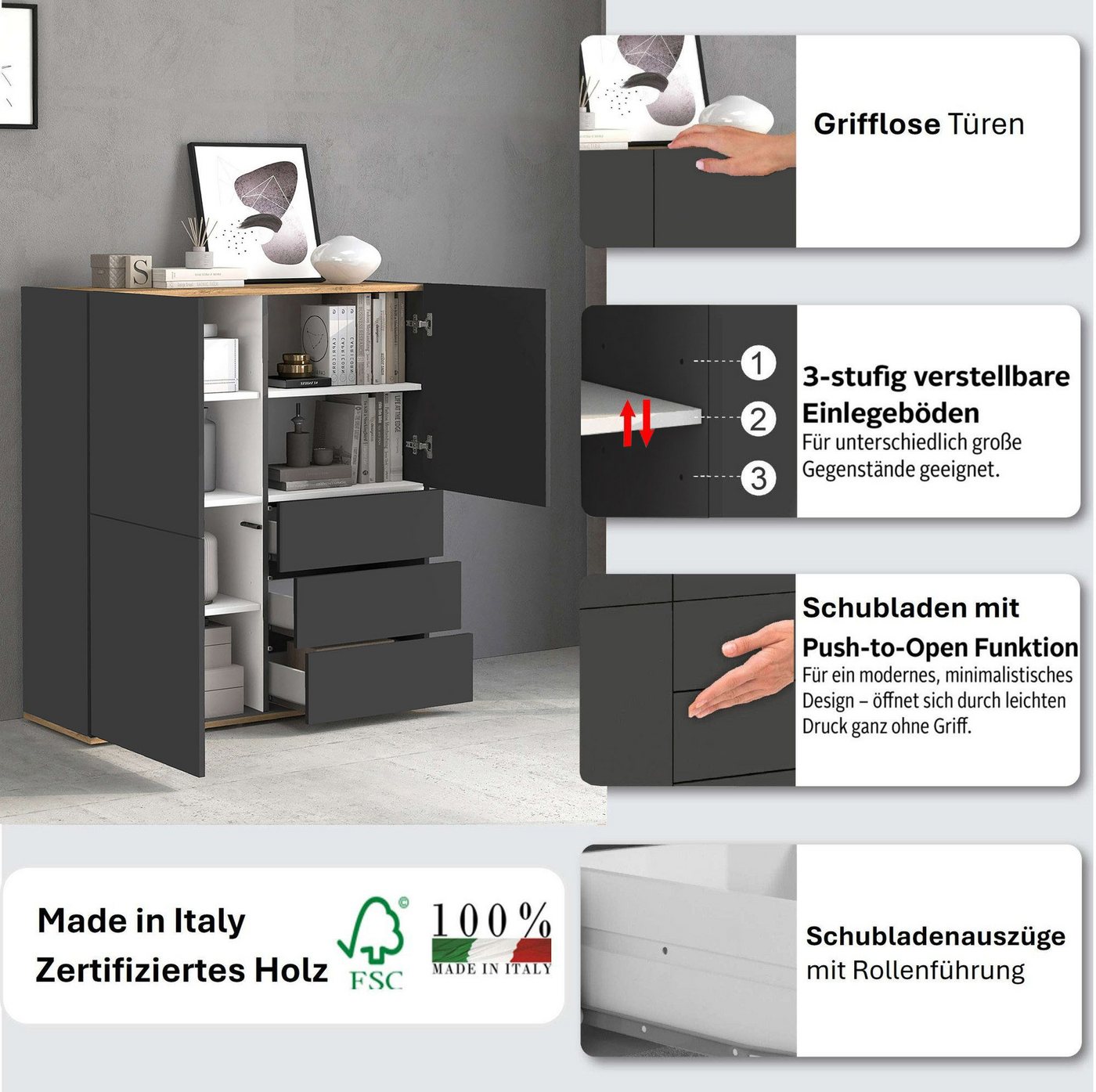 OTTO home Highboard GARDA,Kommode, Made in Italy, Breite 102 cm, Höhe 110 cm, grifflos (1 St), 3 Türen, 3 Schubladen, grifflos Breite 102 cm, anthrazit/eiche ma – Bild 3 von 5