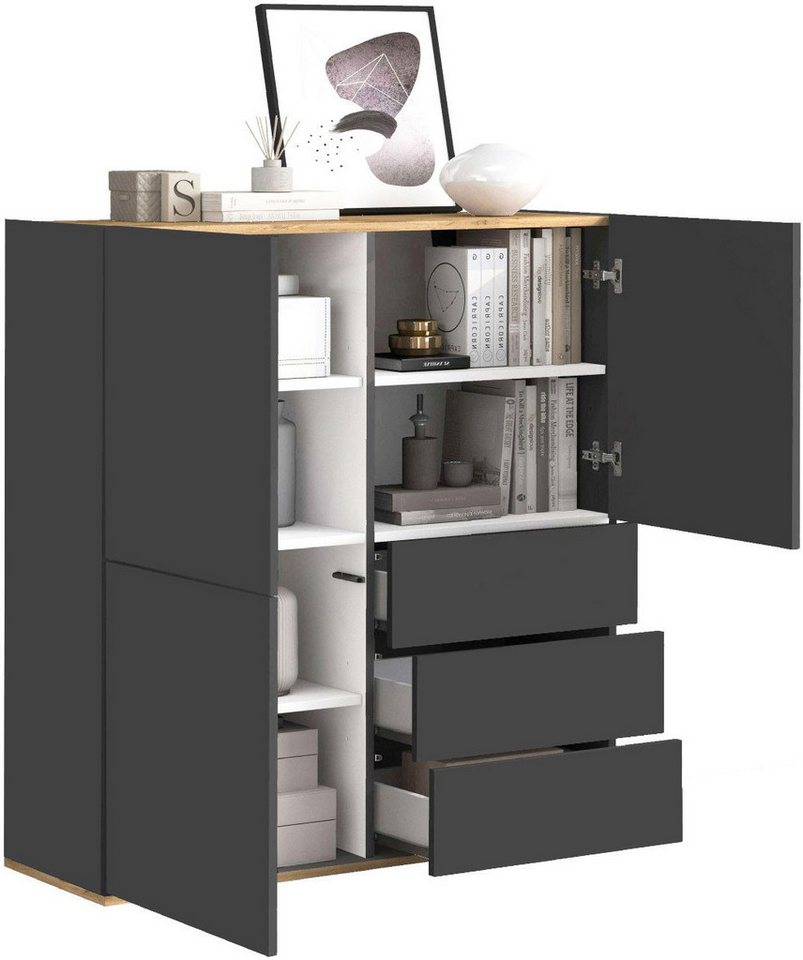 OTTO home Highboard GARDA,Kommode, Made in Italy, Breite 102 cm, Höhe 110 cm, grifflos (1 St), 3 Türen, 3 Schubladen, grifflos Breite 102 cm, anthrazit/eiche ma – Bild 4 von 5