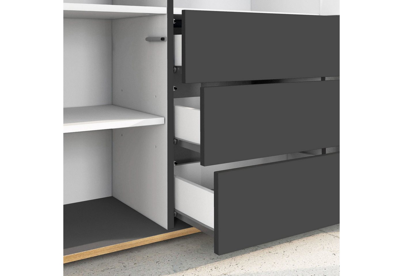 OTTO home Highboard GARDA,Kommode, Made in Italy, Breite 102 cm, Höhe 110 cm, grifflos (1 St), 3 Türen, 3 Schubladen, grifflos Breite 102 cm, anthrazit/eiche ma – Bild 5 von 5