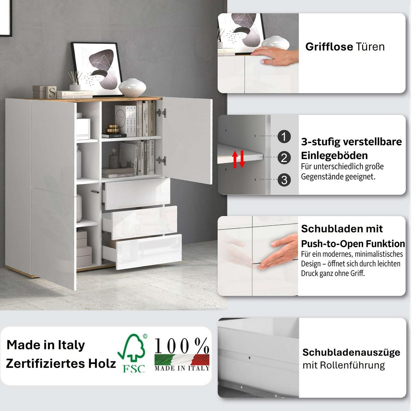 OTTO home Highboard GARDA,Kommode, Made in Italy, Breite 102 cm, Höhe 110 cm, grifflos (1 St), Hochglanzlackierte Fronten, Korpus matt, grifflos – Bild 3 von 5