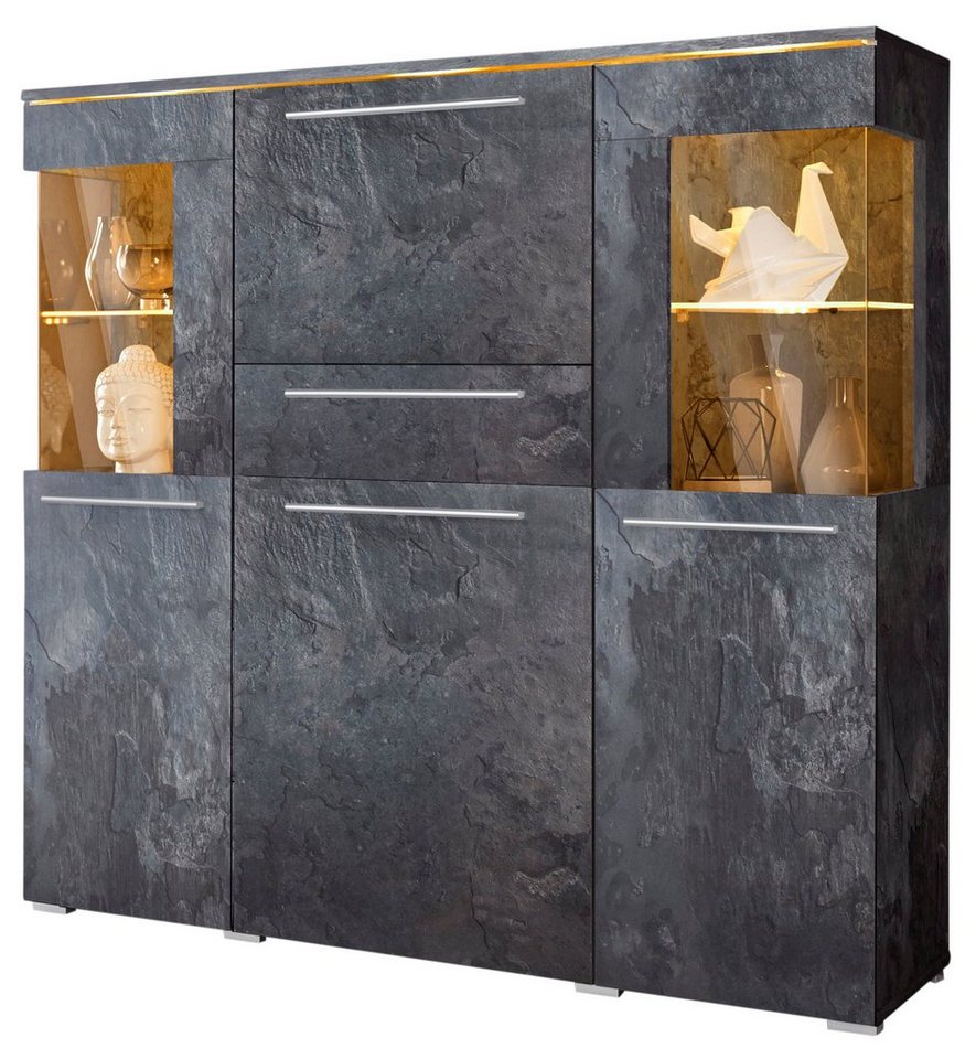 OTTO home Highboard India,Breite 130cm, stilvolle Hochkommode 3Türen, Klappe und Schublade, Hochschrank viel Stauraum, Einlegeböden verstellbar,ohne Beleuchtung – Bild 2 von 5