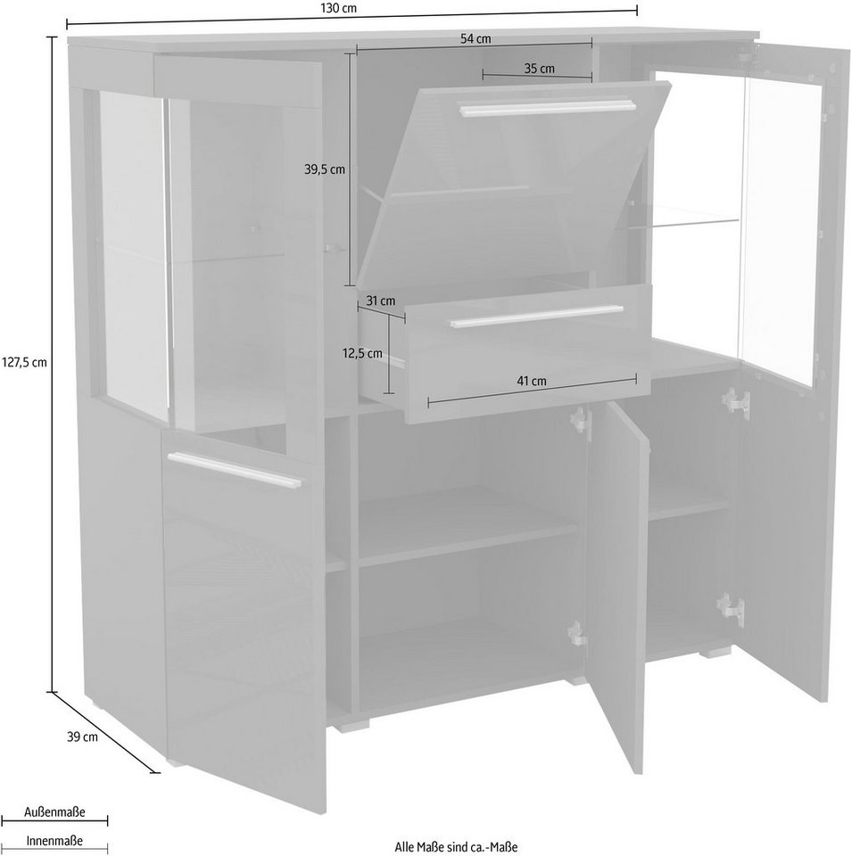 OTTO home Highboard India,Breite 130cm, stilvolle Hochkommode 3Türen, Klappe und Schublade, Hochschrank viel Stauraum, Einlegeböden verstellbar,ohne Beleuchtung – Bild 5 von 5