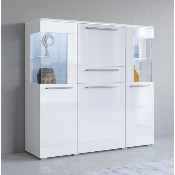 OTTO home Highboard India,Breite 130cm, stilvolle Hochkommode 3Türen, Klappe und Schublade, Hochschrank viel Stauraum, Einlegeböden verstellbar,ohne Beleuchtung