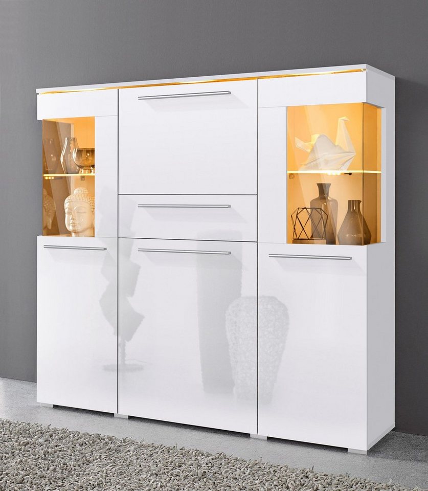 OTTO home Highboard India,Breite 130cm, stilvolle Hochkommode 3Türen, Klappe und Schublade, Hochschrank viel Stauraum, Einlegeböden verstellbar,ohne Beleuchtung – Bild 3 von 5