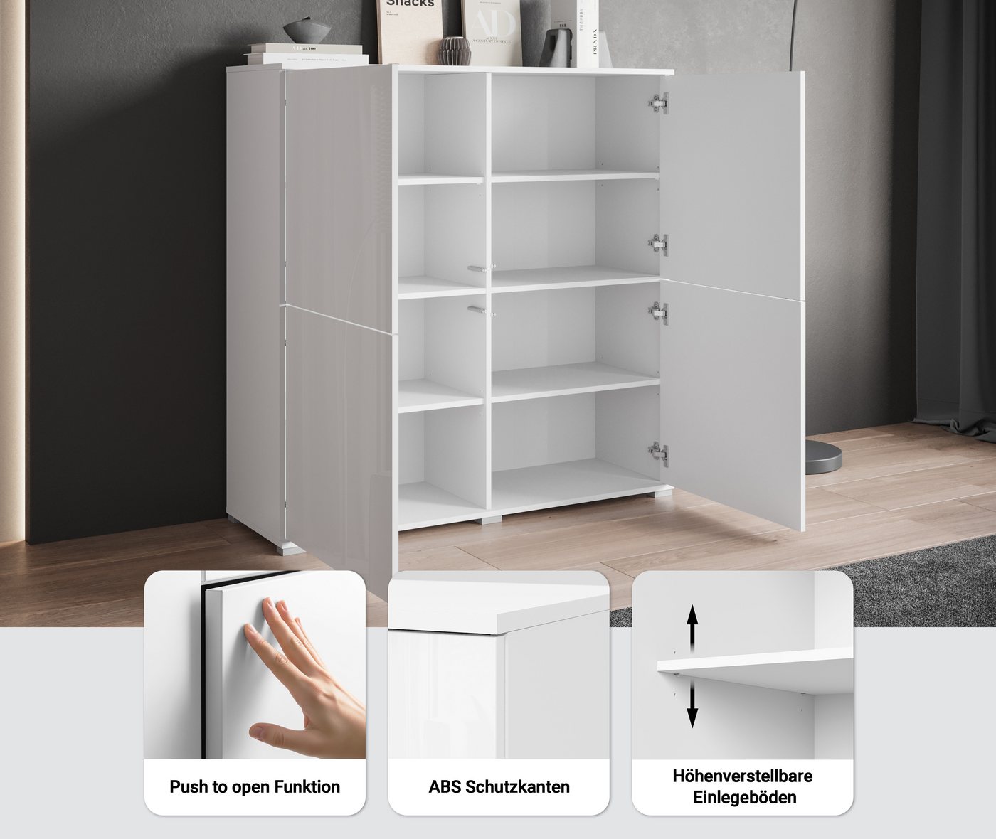 OTTO home Highboard Kenia, moderne grifflose Hochkommode mit 4 Türen, Breite 120 cm (1 St), Push-to-Open-Fronten, höhenverstellbaren Einlegeböden – Bild 3 von 5