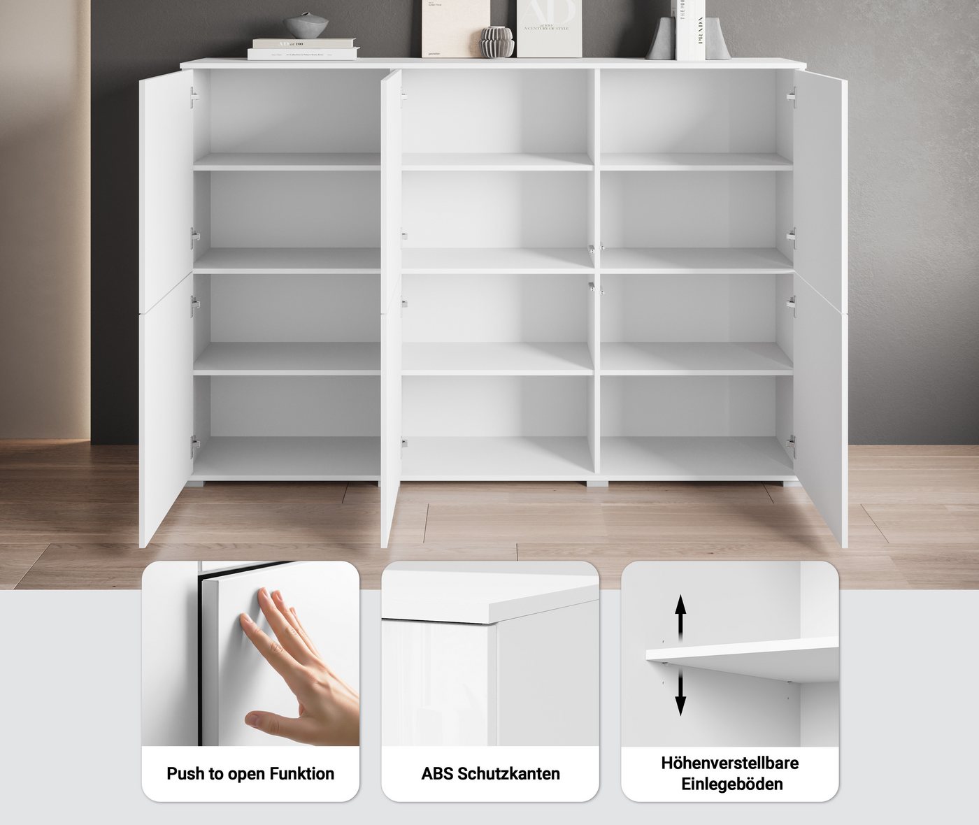 OTTO home Highboard Kenia, moderne grifflose Hochkommode mit 6 Türen, Breite 180 cm (1 St), Push-to-Open-Fronten, höhenverstellbaren Einlegeböden – Bild 3 von 5