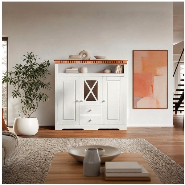 OTTO home Highboard Lisa, Stauraumschrank aus massivem Kiefernholz, mit dekorativen Fräsungen