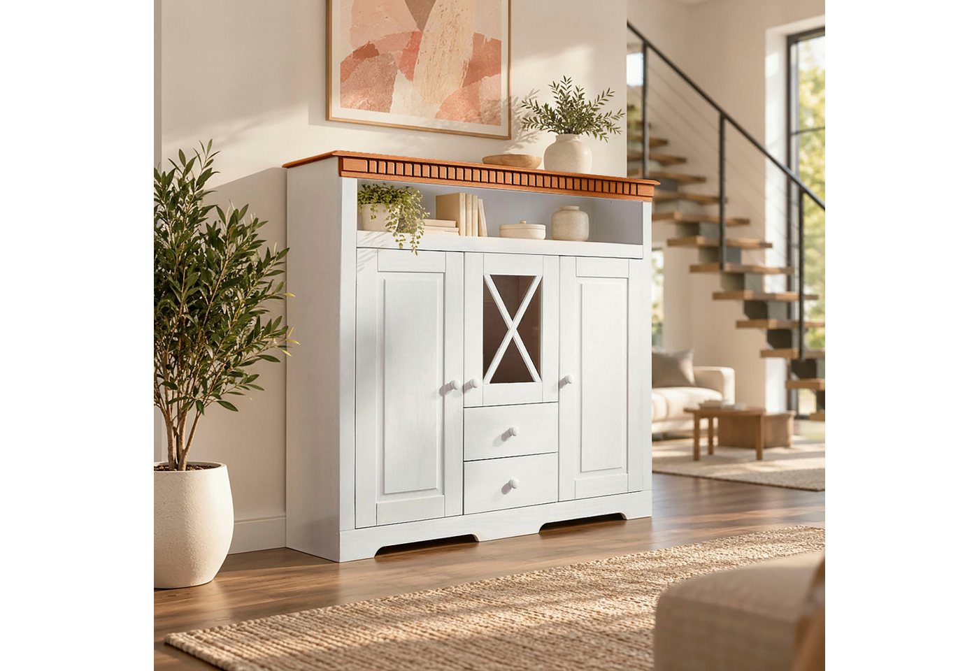 OTTO home Highboard Lisa, Stauraumschrank aus massivem Kiefernholz, mit dekorativen Fräsungen – Bild 2 von 4
