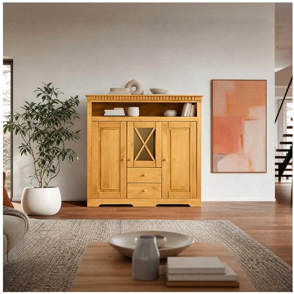OTTO home Highboard Lisa, Stauraumschrank aus massivem Kiefernholz, mit dekorativen Fräsungen